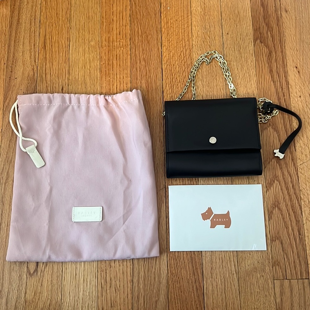 Radley London Black Wallet Clutch Crossbody Gold Chain Convertible W/Dust Bag